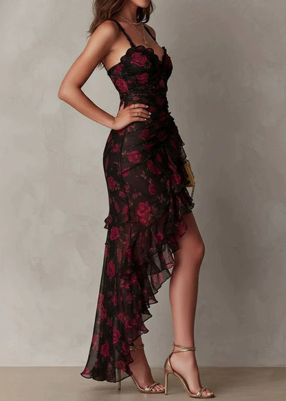 Beautiful Asymmetrical Ruffled Print Chiffon Spaghetti Strap Dress Summer