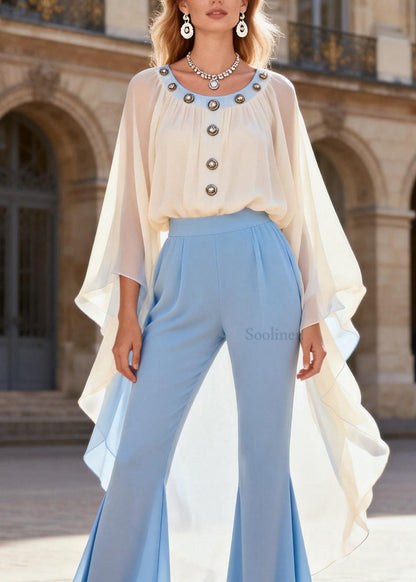 Beautiful Asymmetrical Top And Flare Bottoms Chiffon Two Pieces Set Spring