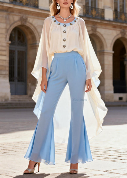 Beautiful Asymmetrical Top And Flare Bottoms Chiffon Two Pieces Set Spring