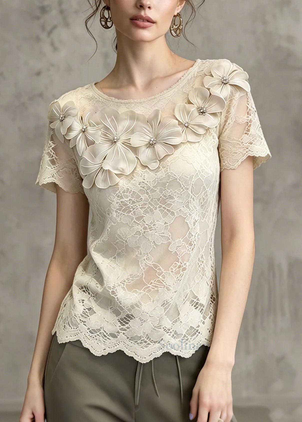 Beautiful Beige Floral Hollow Out Lace Shirts Summer