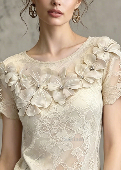 Beautiful Beige Floral Hollow Out Lace Shirts Summer