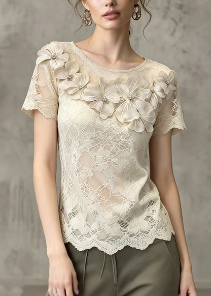 Beautiful Beige Floral Hollow Out Lace Shirts Summer