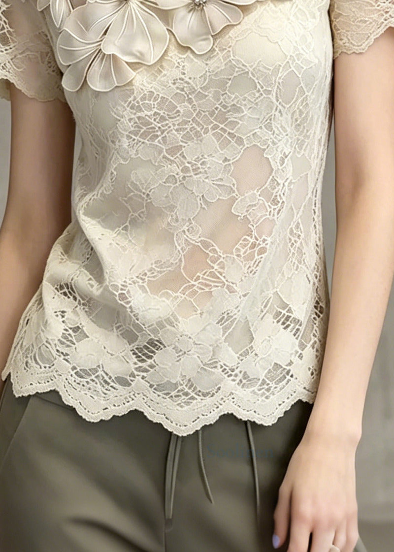 Beautiful Beige Floral Hollow Out Lace Shirts Summer