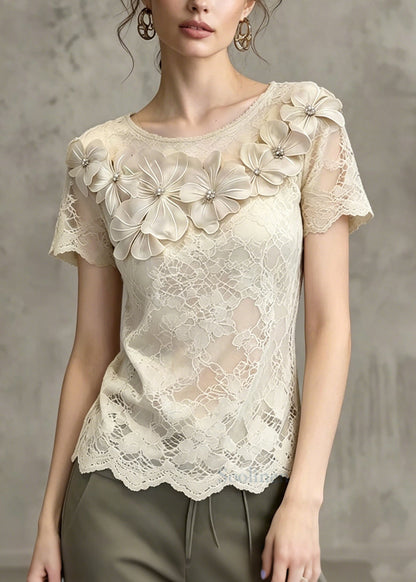 Beautiful Beige Floral Hollow Out Lace Shirts Summer