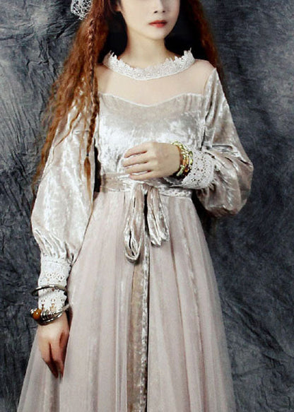 Schöne Beige Aushöhlen Tüll Patchwork Seide Velour Lange Kleider Frühling