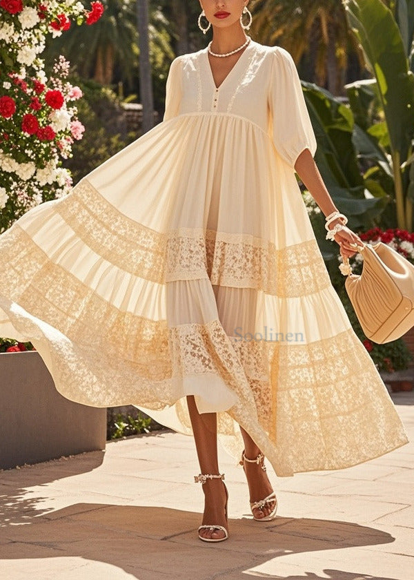 Beautiful Beige Oversized Patchwork Lace Holiday Dresses Summer