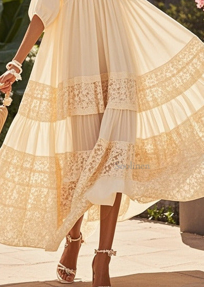 Beautiful Beige Oversized Patchwork Lace Holiday Dresses Summer