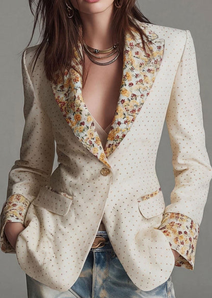 Beautiful Beige Peter Pan Collar Print Cotton Blazer Jackets Coat Fall