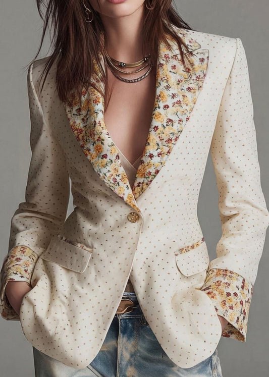 Beautiful Beige Peter Pan Collar Print Cotton Blazer Jackets Coat Fall