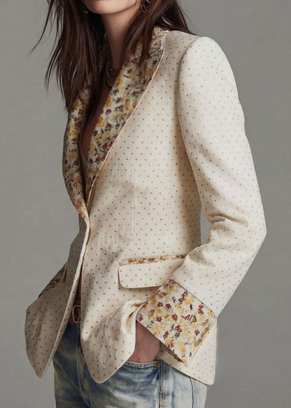 Beautiful Beige Peter Pan Collar Print Cotton Blazer Jackets Coat Fall