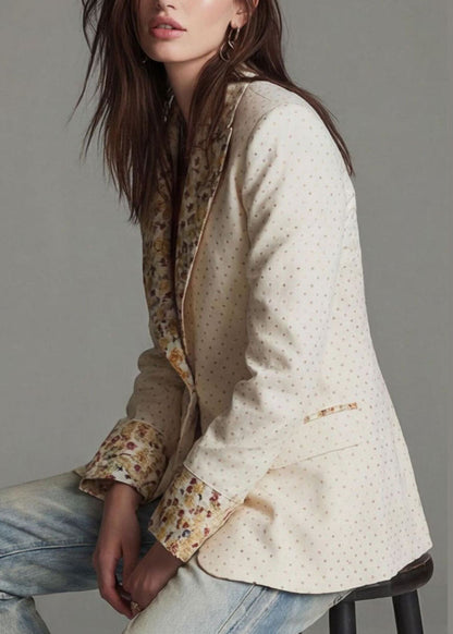 Beautiful Beige Peter Pan Collar Print Cotton Blazer Jackets Coat Fall
