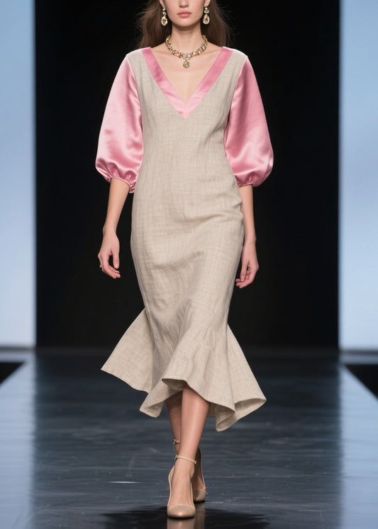 Beautiful Beige Puff Sleeve Patchwork Linen Silk Maxi Dress Summer