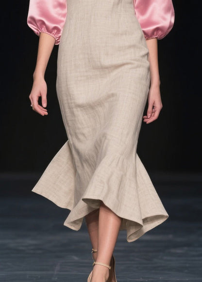 Beautiful Beige Puff Sleeve Patchwork Linen Silk Maxi Dress Summer