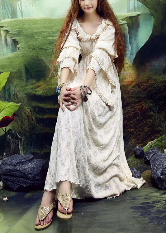 Schöne Beige Rüschen Seide Velours Lange Kleider Puffärmel