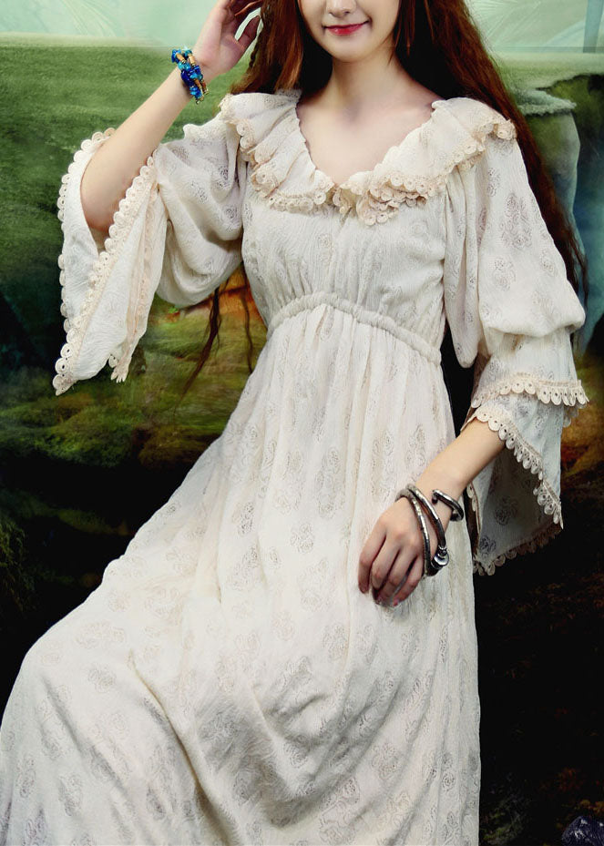 Schöne Beige Rüschen Seide Velours Lange Kleider Puffärmel