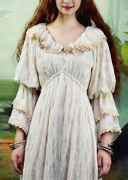 Schöne Beige Rüschen Seide Velours Lange Kleider Puffärmel