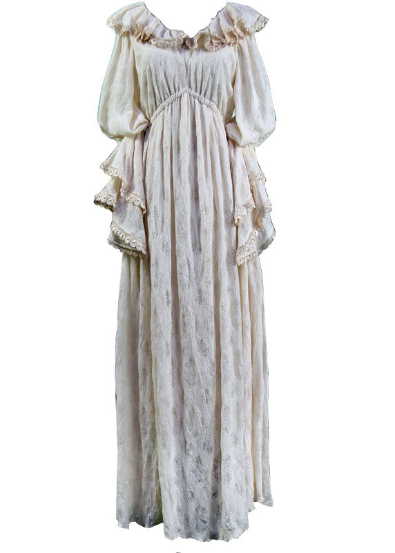 Schöne Beige Rüschen Seide Velours Lange Kleider Puffärmel