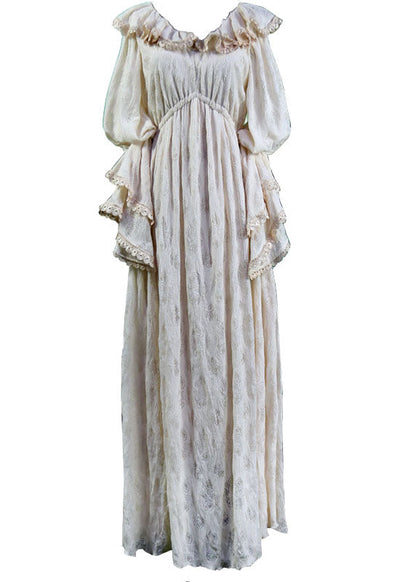 Schöne Beige Rüschen Seide Velours Lange Kleider Puffärmel