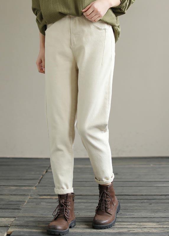Beautiful Beige Trousers Women's Spring Elastic Waist Fabrics Pant - SooLinen