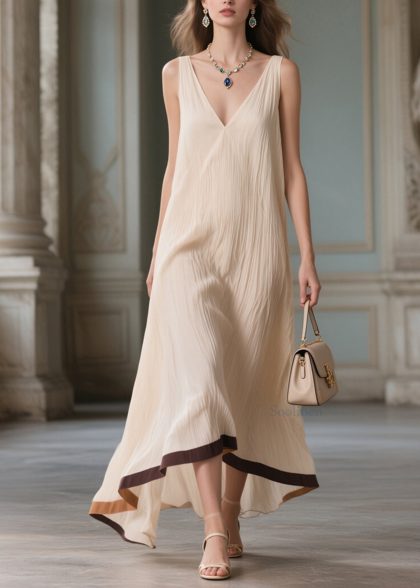 Beautiful Beige V Neck Patchwork Cotton Maxi Dresses Sleeveless