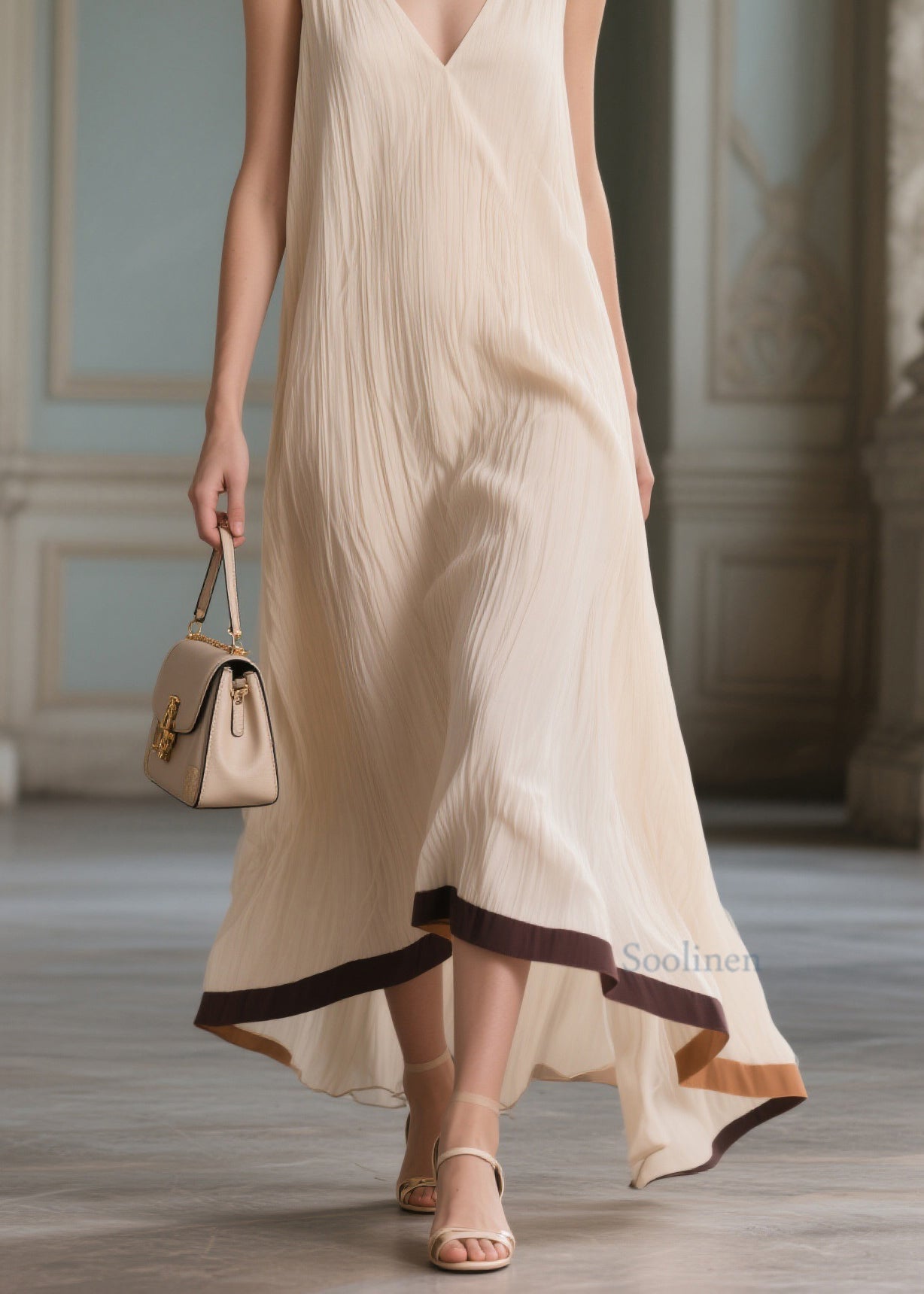 Beautiful Beige V Neck Patchwork Cotton Maxi Dresses Sleeveless