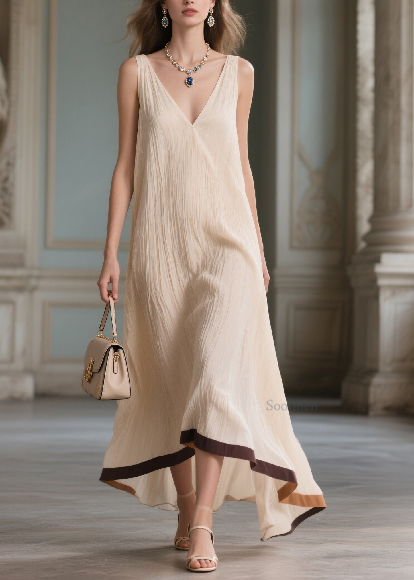 Beautiful Beige V Neck Patchwork Cotton Maxi Dresses Sleeveless