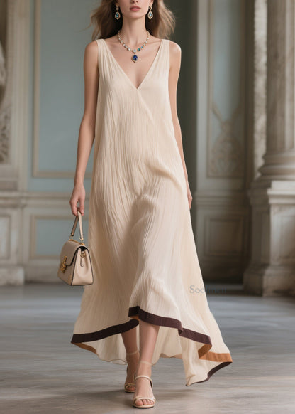 Beautiful Beige V Neck Patchwork Cotton Maxi Dresses Sleeveless