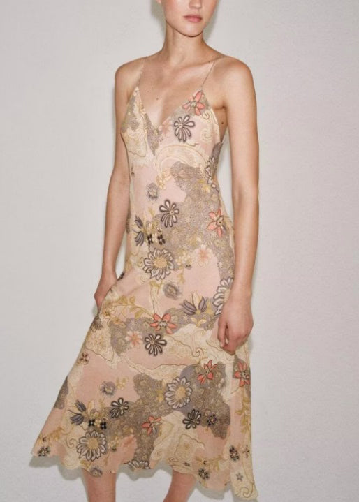 Beautiful Beige V Neck Print Chiffon Spaghetti Strap Dress Summer