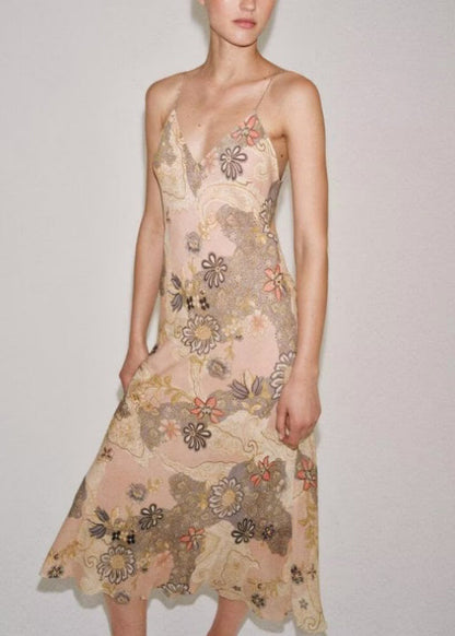 Beautiful Beige V Neck Print Chiffon Spaghetti Strap Dress Summer