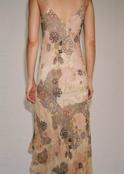 Beautiful Beige V Neck Print Chiffon Spaghetti Strap Dress Summer