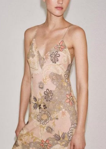 Beautiful Beige V Neck Print Chiffon Spaghetti Strap Dress Summer