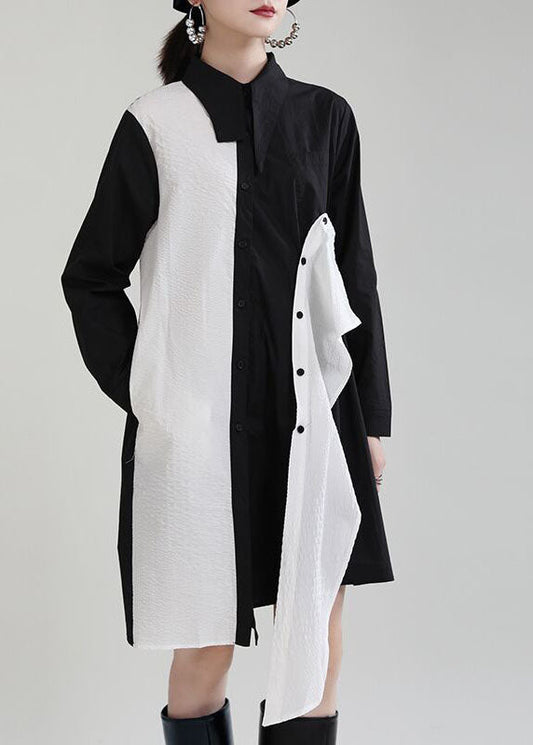 Schöne Schwarze Asymmetrische Design Patchwork Herbst Kleider Langarm