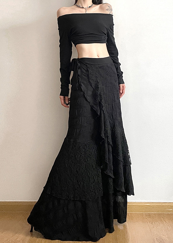 Beautiful Black Asymmetrical Patchwork Cotton Skirts Fall