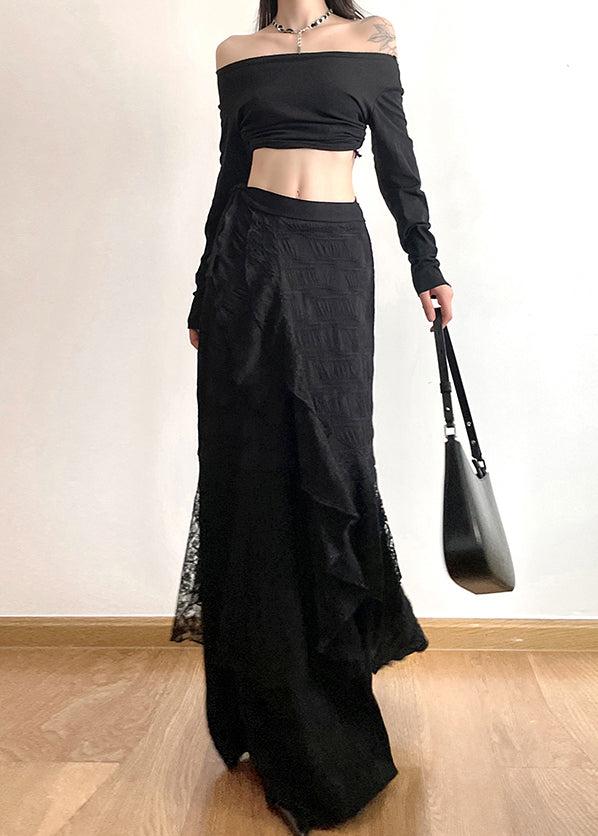 Beautiful Black Asymmetrical Patchwork Cotton Skirts Fall