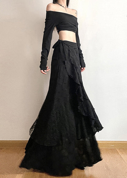 Beautiful Black Asymmetrical Patchwork Cotton Skirts Fall