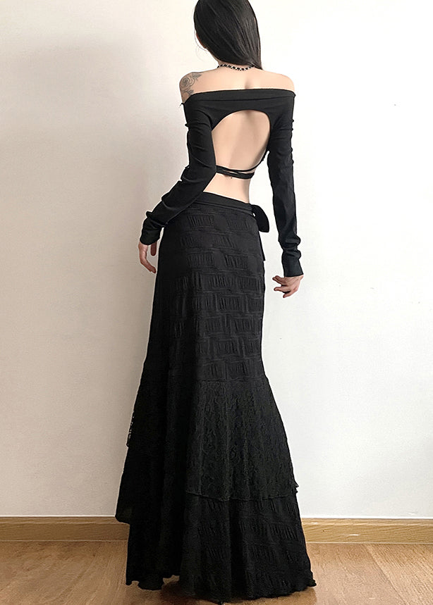 Beautiful Black Asymmetrical Patchwork Cotton Skirts Fall
