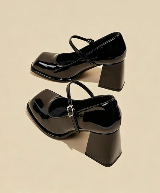 Beautiful Black Buckle Strap Cowhide Leather Mary Jane Chunky High Heels