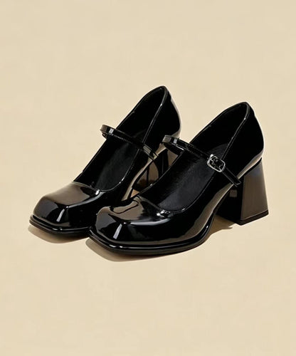 Beautiful Black Buckle Strap Cowhide Leather Mary Jane Chunky High Heels