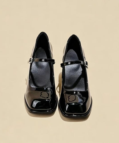 Beautiful Black Buckle Strap Cowhide Leather Mary Jane Chunky High Heels