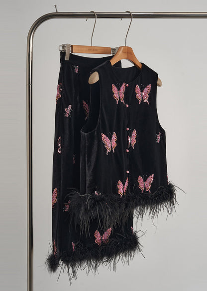 Wunderschönes zweiteiliges Set aus schwarzem Schmetterlings-Patchwork aus Federn und Seide/Samt für Damen, Frühlingsmode