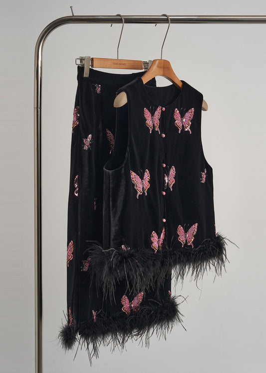 Wunderschönes zweiteiliges Set aus schwarzem Schmetterlings-Patchwork aus Federn und Seide/Samt für Damen, Frühlingsmode