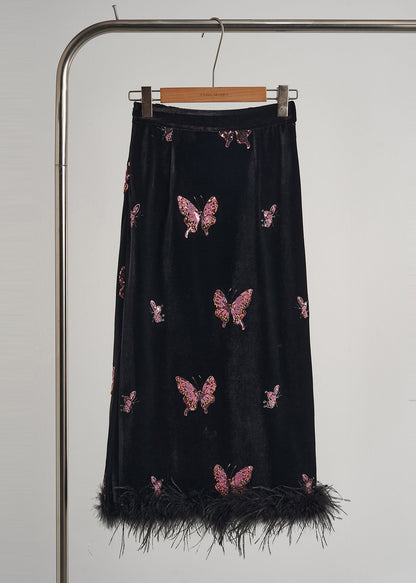 Wunderschönes zweiteiliges Set aus schwarzem Schmetterlings-Patchwork aus Federn und Seide/Samt für Damen, Frühlingsmode