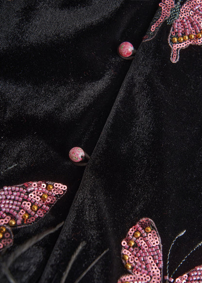 Wunderschönes zweiteiliges Set aus schwarzem Schmetterlings-Patchwork aus Federn und Seide/Samt für Damen, Frühlingsmode