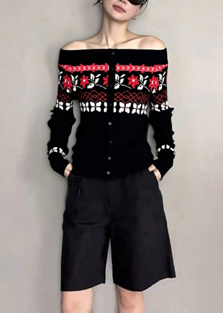 Beautiful Black Cold Shoulder Jacquard Knit Tops Winter