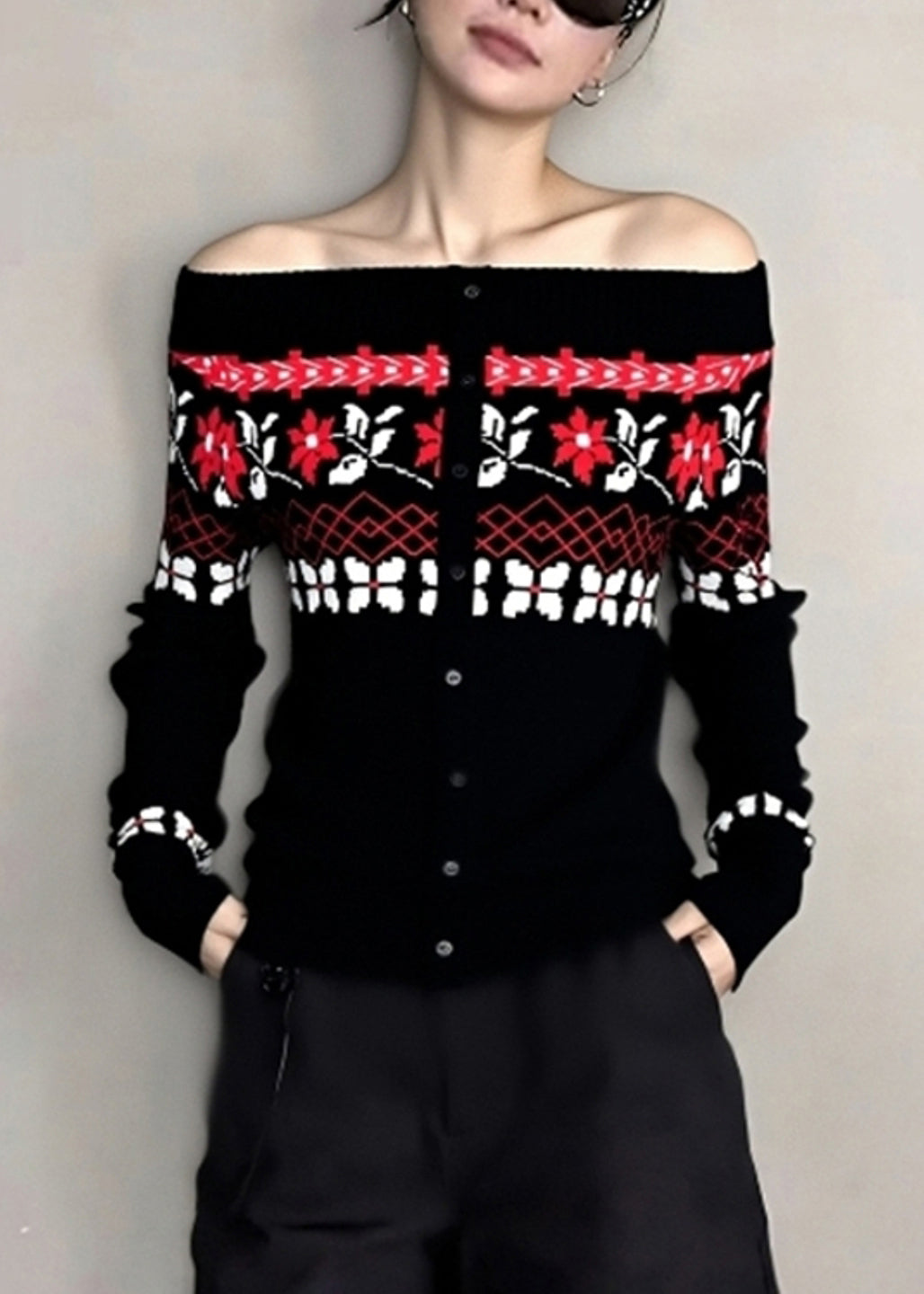Beautiful Black Cold Shoulder Jacquard Knit Tops Winter