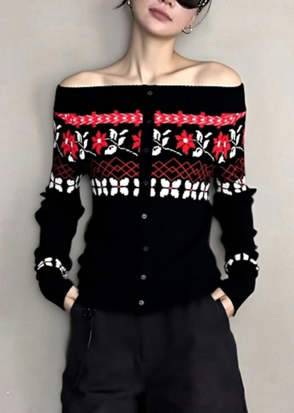 Beautiful Black Cold Shoulder Jacquard Knit Tops Winter