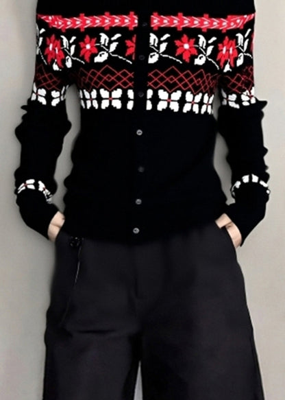 Beautiful Black Cold Shoulder Jacquard Knit Tops Winter