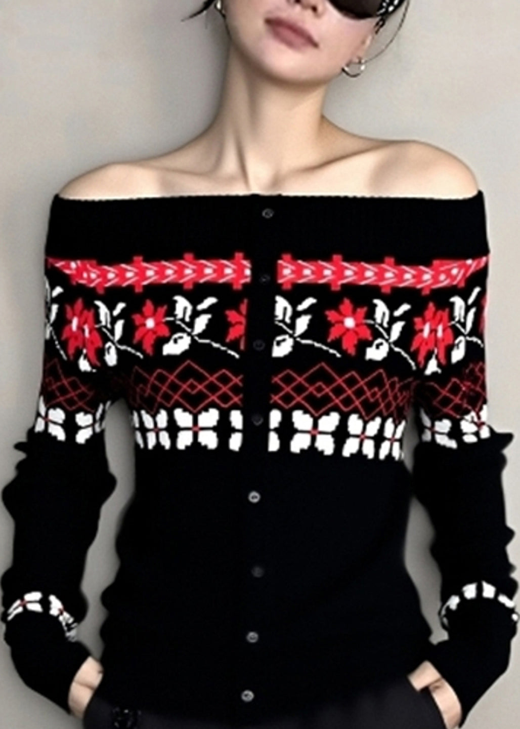 Beautiful Black Cold Shoulder Jacquard Knit Tops Winter