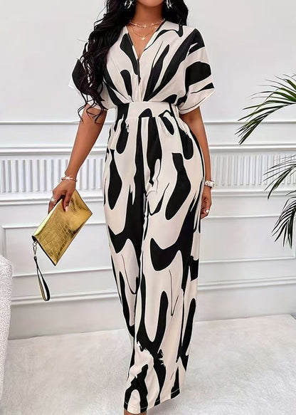 Beautiful Black Elastic Waist Print Spandex Jumpsuit Summer