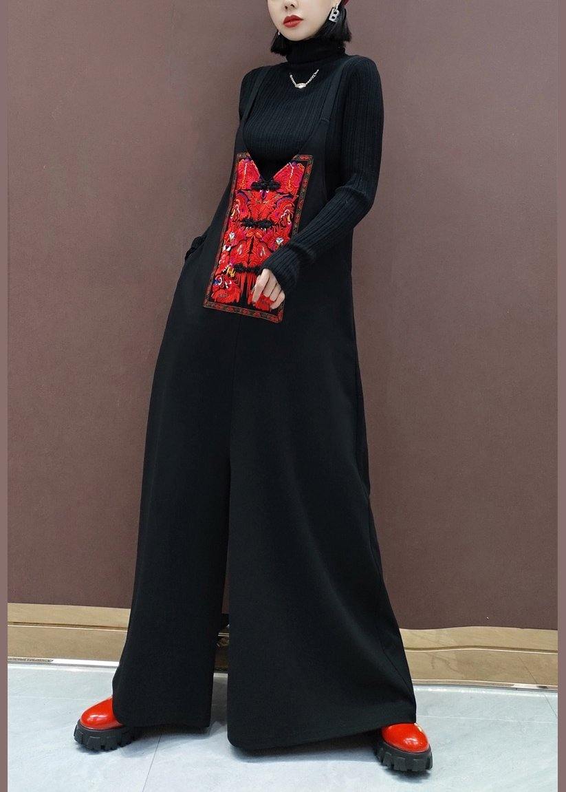 Beautiful Black Embroidery Pants Unique Spring Shape Wild Pants - SooLinen